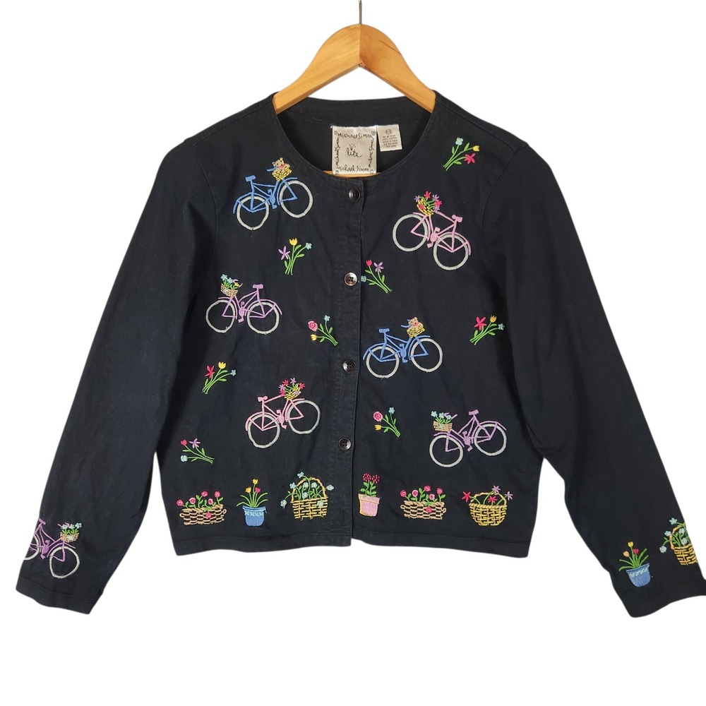 Michael Simon Cardigan Small Petite Black Embroidered Bicycle Floral Vintage 90s